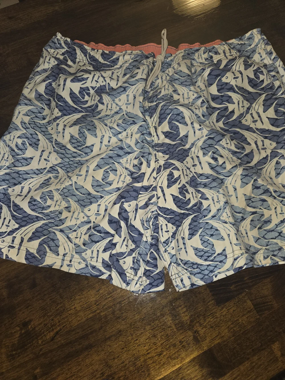 Nautica Coral-Lined Blue & White Fish Print Swim Trunks. Draw String